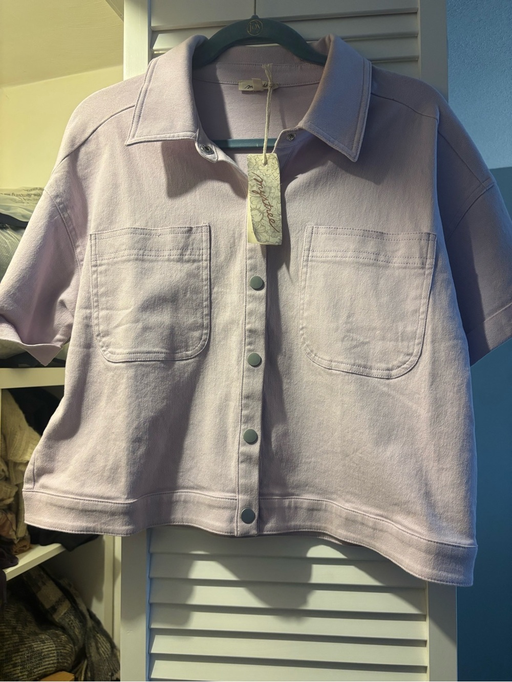 Mystree Light Lavender Short-Sleeve Button-Front Shirt Jacket